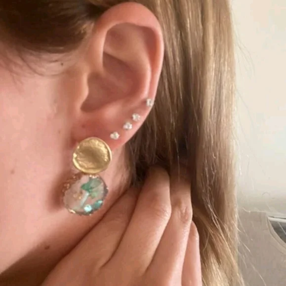 💖 Statement Gold teal green drop geometric women's earrings evening elegant - Picture 5 of 8